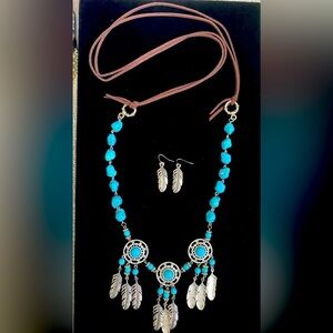 Boho Turquoise Beaded Feather Necklace and Earrings Set